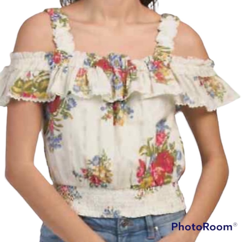 House of Harlow 1960 women ivory floral cinch waist crop top off shoulder Sz M